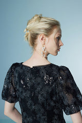 Black Lace Short V-neck Dress with Puff Sleeves