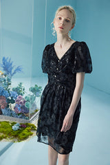 Black Lace Short V-neck Dress with Puff Sleeves