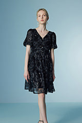 Black Lace Short V-neck Dress with Puff Sleeves