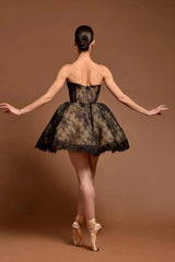 Black Lace Strapless Corset Mini Dress Sweetheart Scallop Hem Ball Gown Skirt Pearl Button Back Ballet Inspired Homecoming