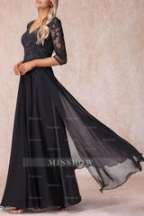 Black Long A-line V-neck Lace Chiffon Mother of The Bride Dresses with Sleeves