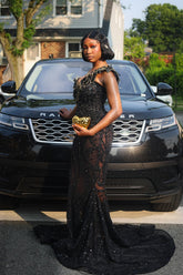 Black Mermaid Prom Dress Deep V Sweetheart Sheer Illusion One Shoulder 3D Black Leaf Floral Applique Gold Baroque Scroll Vine Beading Black Bugle Bead Fringe Tassel All-Over Sequin Barely There Court Train Gown