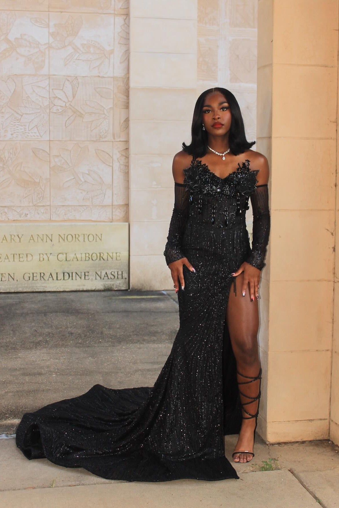 Black Mermaid Prom Dress Off Shoulder Sweetheart 3D Spike Feather Fringe Neckline Long Sleeve Sheer Illusion Crystal Swirl Paisley Beaded Sequin High Split Sweep Train Gown