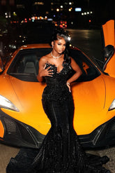 Black sweetheart rhinestone mermaid prom dress