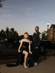 Black Mermaid Prom Dress Strapless Sweetheart Sheer Illusion Boned Corset Crystal Scatter Beaded All-Over Glitter Sequin High Split Cathedral Train Gown