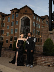 Black Mermaid Prom Dress Strapless Sweetheart Sheer Illusion Boned Corset Crystal Scatter Beaded All-Over Glitter Sequin High Split Cathedral Train Gown