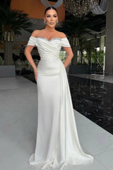 Black Off-Shoulder Short Sleeve Mermaid Satin Rhinestone Draped Floor Formal Evening Gown