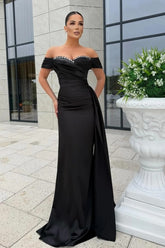 Black Off-Shoulder Satin Mermaid Wedding Dress with Beaded Bodice