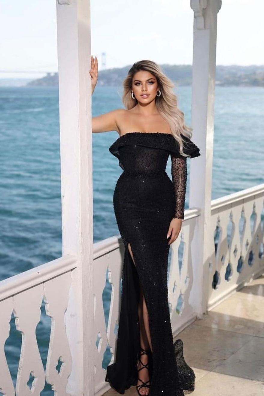 Black Off-The-Shoulder Long Sleeve Sequined Mermaid Floor Length Formal Evening Dress