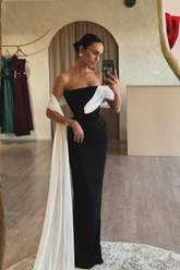 Black off-the-shoulder ruffled column evening dress