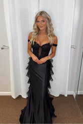 Black off-the-shoulder beaded mermaid evening dress