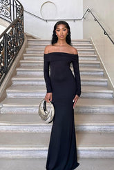 Black off-the-shoulder ruched bodycon evening dress