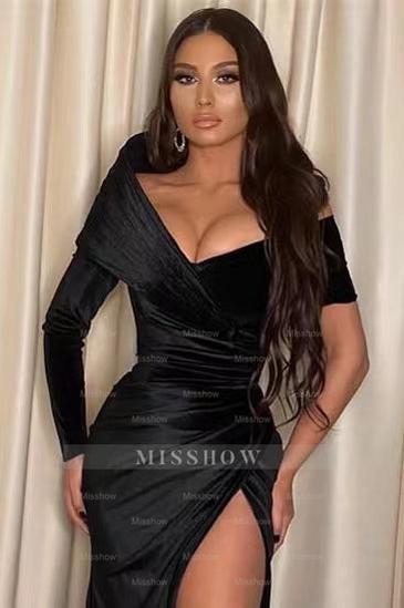 Black Off the Shoulder Long Sleeve Formal Dress With Mermaid Split