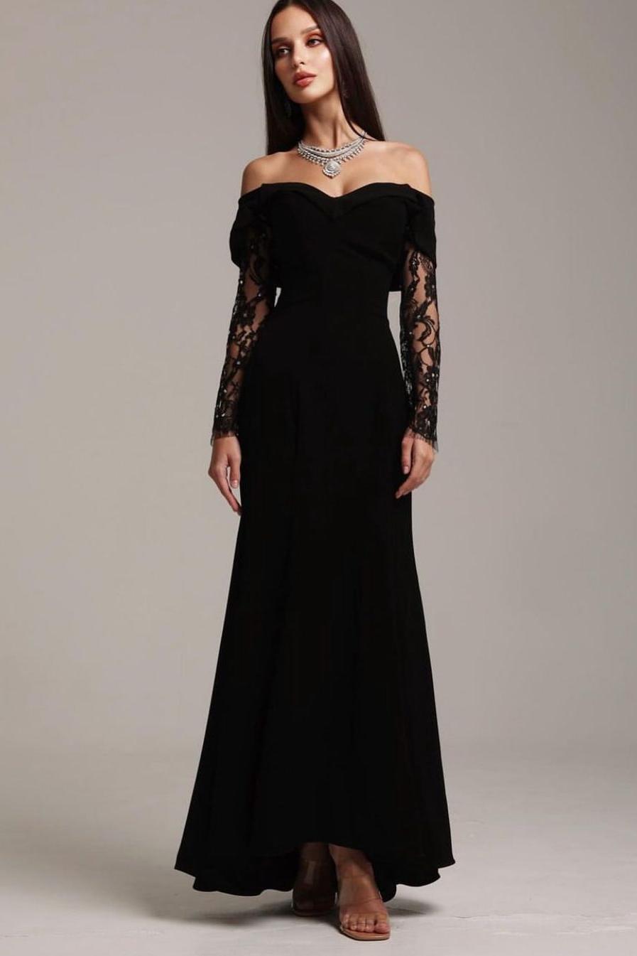 Black Off-the-Shoulder Long Sleeve Lace Appliques Mermaid Floor Length Formal Evening Gown