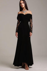Black Off-the-Shoulder Long Sleeve Lace Appliques Mermaid Floor Length Formal Evening Gown