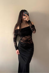 Black Off-the-Shoulder Long Sleeve Lace Bodycon Floor Length Formal Evening Dress