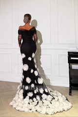 Black Off-the-Shoulder Long Sleeve Mermaid Organza 3D Floral Appliques Formal Evening Gown