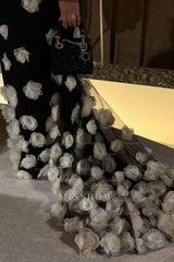 Black Off-the-Shoulder Long Sleeve Mermaid Organza 3D Floral Appliques Formal Evening Gown