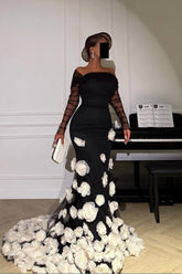 Black Off-the-Shoulder Long Sleeve Mermaid Organza 3D Floral Appliques Formal Evening Gown