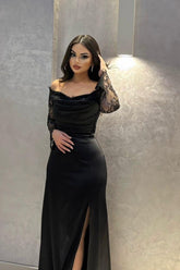 Black off-the-shoulder lace fit-and-flare evening dress