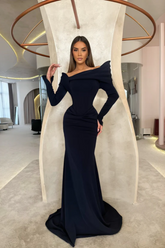 Black Off-the-Shoulder Long Sleeves Mermaid Satin Draped Floor Length Formal Evening Gown