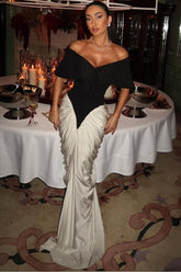 White off-the-shoulder ruched mermaid evening dress
