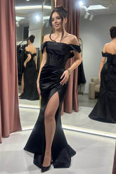 Black off-the-shoulder beaded mermaid evening dress