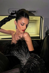 Black Off-the-Shoulder Sleeveless Mermaid Sequined Feather Beaded Floor Evening Gown