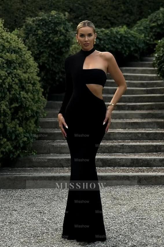 Black One Shoulder Halter Long Sleeve Mermaid Long Formal Dress