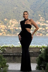 Black One Shoulder High Neck Long Sleeve Cutout Mermaid Floor Length Formal Evening Dress