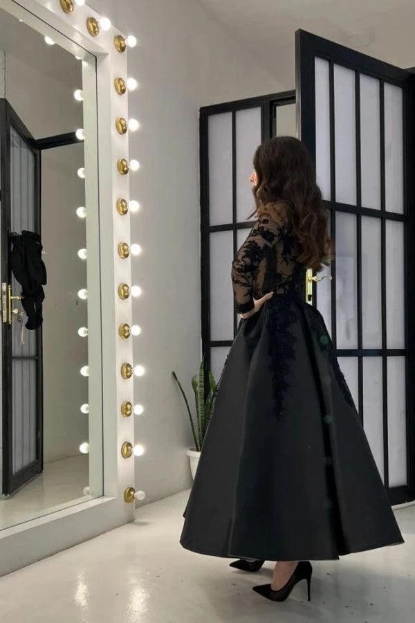 Black One Shoulder Lace Applique Cocktail Dress Single Long Sleeve Illusion Bodice A-Line Satin Tea Length