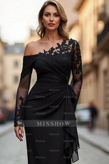 Black One Shoulder Long Sleeve Lace Appliques Mermaid Satin Floor Formal Evening Gown