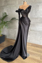Black One Shoulder Long Sleeve Lace Pleated Long Formal Dress With Side Split