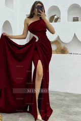 Black One Shoulder Sleeveless Mermaid Satin Pleated Rhinestone Floor Formal Evening Gown