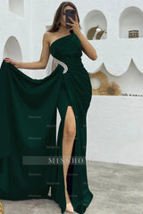 Black One Shoulder Sleeveless Mermaid Satin Pleated Rhinestone Floor Formal Evening Gown