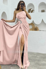 Black One Shoulder Sleeveless Mermaid Satin Pleated Rhinestone Floor Formal Evening Gown