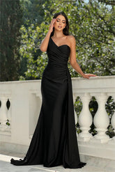 Black one shoulder ruched mermaid evening dress