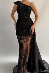 Black one shoulder beaded mermaid evening dress