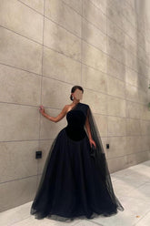 Black One Shoulder Sleeveless Tulle Cape Draped Ball Gown Floor Length Formal Evening Gown