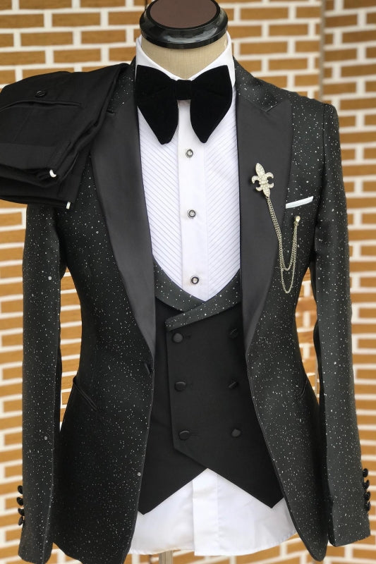 Black Peaked Lapel Three-Piece Sequined Form-Fitting Prom Suit