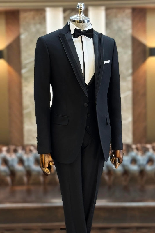 Black Peaked Lapel Three-Piece Wedding Suit for Men