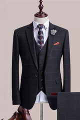 Black Plaid Formal Notched Lapel Three-Piece Business Suit