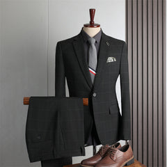 Black Plaid Formal Notched Lapel Two-Piece Business Suit