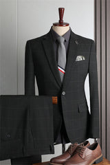 Black Plaid Formal Notched Lapel Two-Piece Business Suit