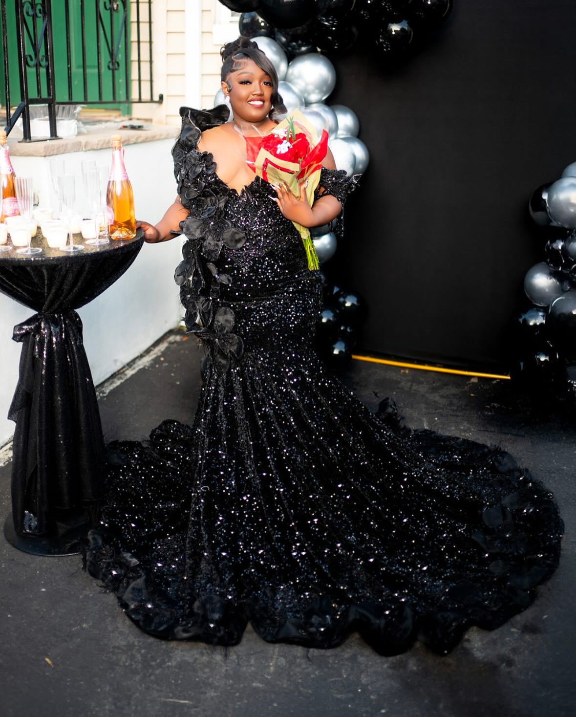Black Plus Size Mermaid Prom Dress Off Shoulder Sweetheart 3D Satin Floral Rosette Shoulder All-Over Sequin Crystal Rhinestone Beaded Skirt 3D Floral Ruffle Hem Court Train Gown