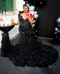 Black Plus Size Mermaid Prom Dress Off Shoulder Sweetheart 3D Satin Floral Rosette Shoulder All-Over Sequin Crystal Rhinestone Beaded Skirt 3D Floral Ruffle Hem Court Train Gown