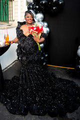 Black Plus Size Mermaid Prom Dress Off Shoulder Sweetheart 3D Satin Floral Rosette Shoulder All-Over Sequin Crystal Rhinestone Beaded Skirt 3D Floral Ruffle Hem Court Train Gown