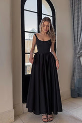 Black Rhinestone Scoop Sleeveless A-Line Satin Pleated Floor Length Formal Evening Dress