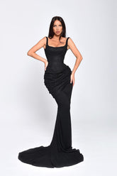 Black Rhinestone Scoop Sleeveless Mermaid Lace Ruffled Floor Length Formal Evening Gown