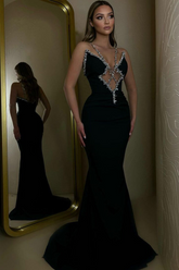 Black Rhinestone V-Neck Sleeveless Mermaid Sequined Floor Length Formal Evening Gown
